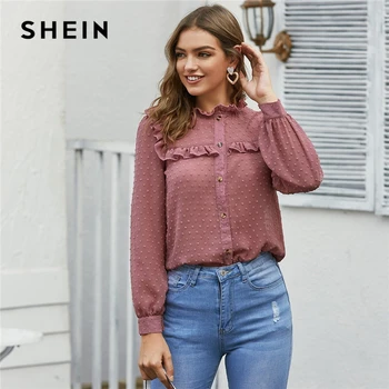 

SHEIN Pink Swiss Dot Frill Trim Sheer Shirt Blouse Women Spring Long Sleeve Stand Collar Office Lady Elegant Buttoned Blouses