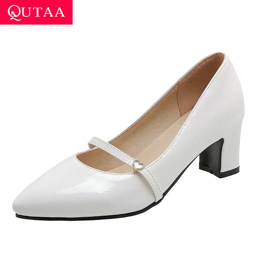 QUTAA 2020 Square Heel Concise Single Shoes PU Leather All Match Ladies Pumps Sexy Pointed Toe Slip on Women Shoes Big Size34-43