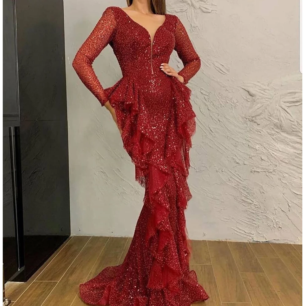 

red prom dresses 2020 sequins long sleeve ruffle mermaid deep v neck evening dresses robe soiree