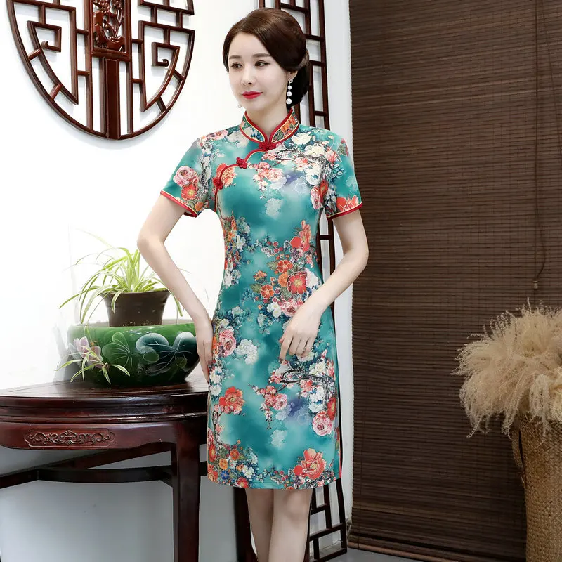 Women Summer Oriental Dresses Red Green Chinese Flower Mandarin Collar Knee Length Slim Fit Tunic Robe One Piece Dress Woman New
Women Summer Oriental Dresses Red Green Chinese Flower Mandarin Collar Knee Length Slim Fit Tunic Robe One Piece Dress Woman New