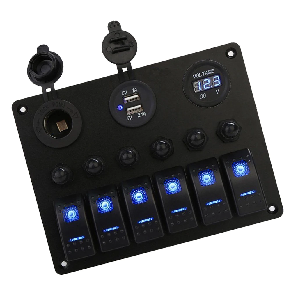 6 Gang Toggle Rocker Switch Panel with 12-24V Digital Voltmeter, Dual USB Charger Port and Blue Lighted Breaker Switches
6 Gang Toggle Rocker Switch Panel with 12-24V Digital Voltmeter, Dual USB Charger Port and Blue Lighted Breaker Switches