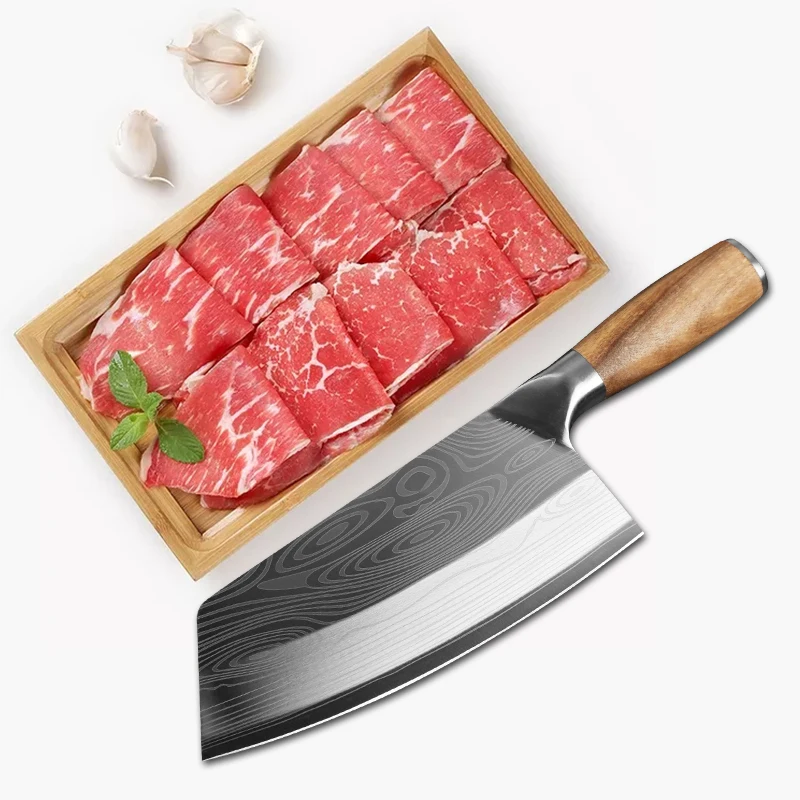 Фото Кухонный нож китайский шеф-повар из дамасской стали с лазерным узором резак для