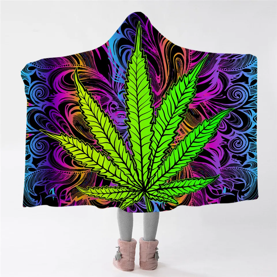 

BlessLiving Leaf Hooded Blanket Psychedelic Microfiber Sherpa Fleece Blanket Creativity Wearable Blanket Colorful Cobertor
