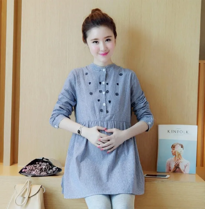 Maternity Clothes Spring Summer New Style Korean-style Stand Collar Stripes Embroidered Maternity Top