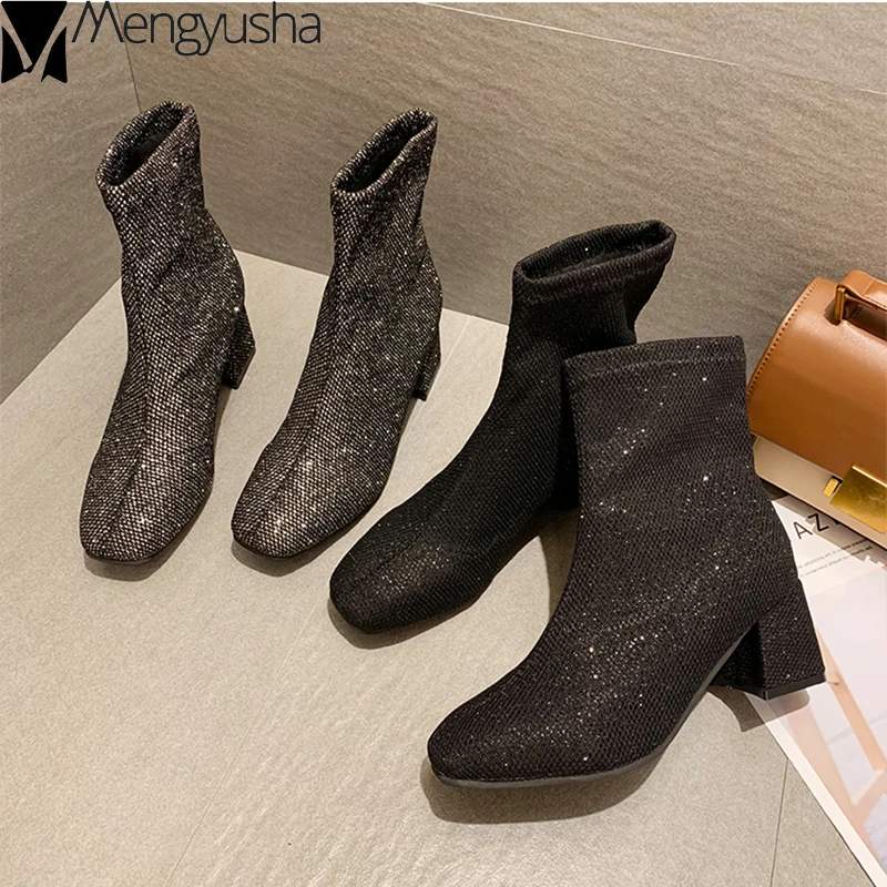 

Glitter crystal silver chelsea boots woman chunky heels bling fashion booties square toe short bottes femme high quality botines
