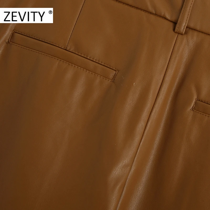 ZEVITY Women fashion solid PU leather straight pants female zipper fly casual slim long Trousers chic autumn business pants P935