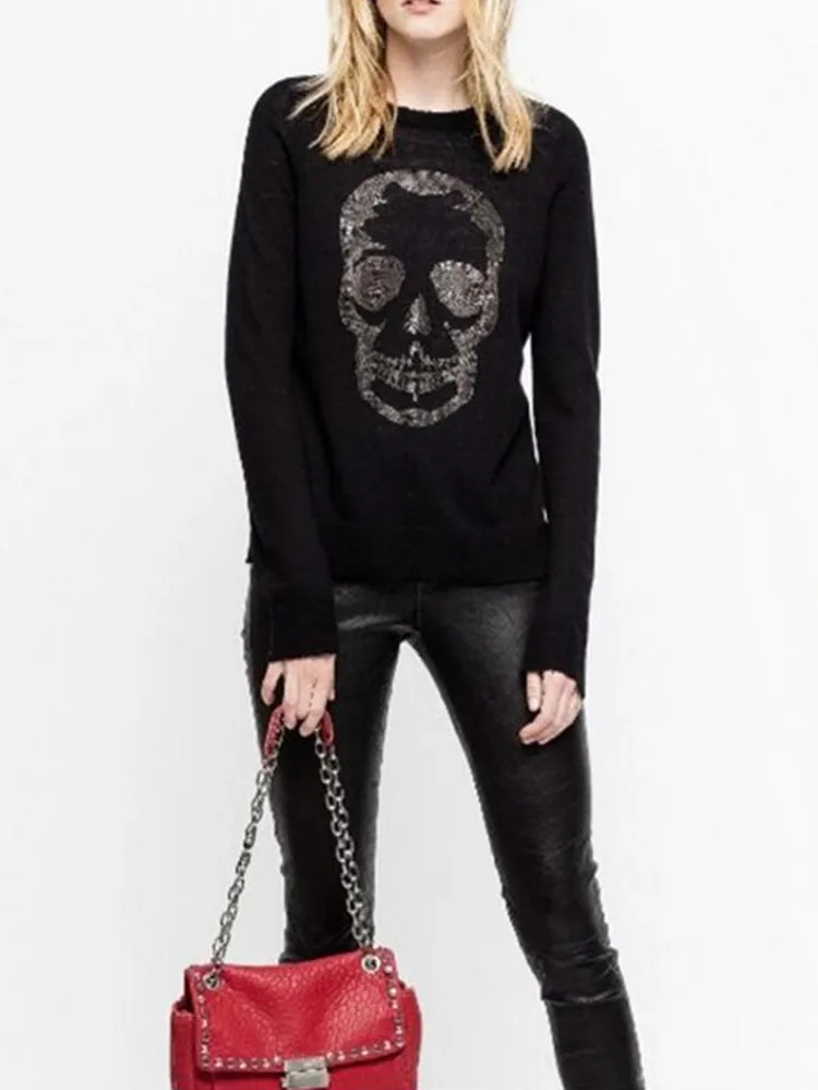 Autumn Cashmere Black Knitwear Hot Drilling Skull O-neck Long-Sleeved Ladies Knitted Sweater Bottoming Shirt Pullover Top
Autumn Cashmere Black Knitwear Hot Drilling Skull O-neck Long-Sleeved Ladies Knitted Sweater Bottoming Shirt Pullover Top