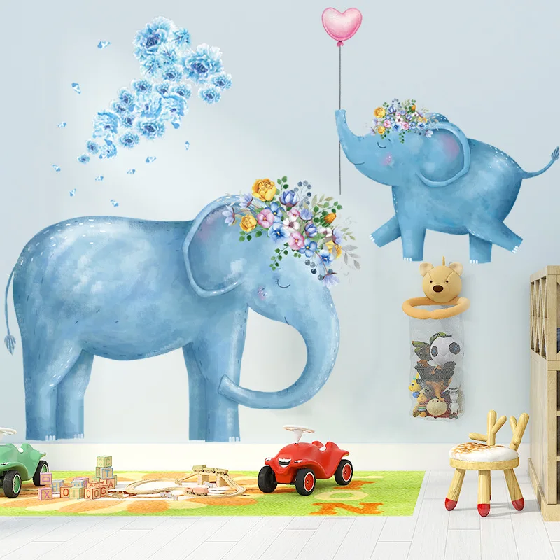 

Cartoon Blue Elephants Cute Animal Wall Sticker Paint Style For Living Room Kids Room Wall Decal Baby Nursery Wall Decor Gift