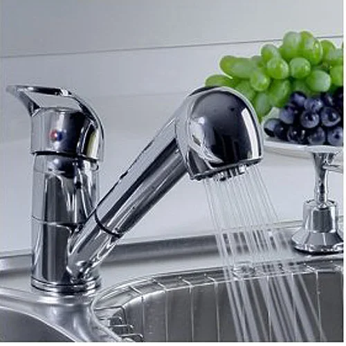 

Promotion! Single Handle Low Arc Pull Out Kitchen Sink Faucet with Two Spray Model, Chrome
