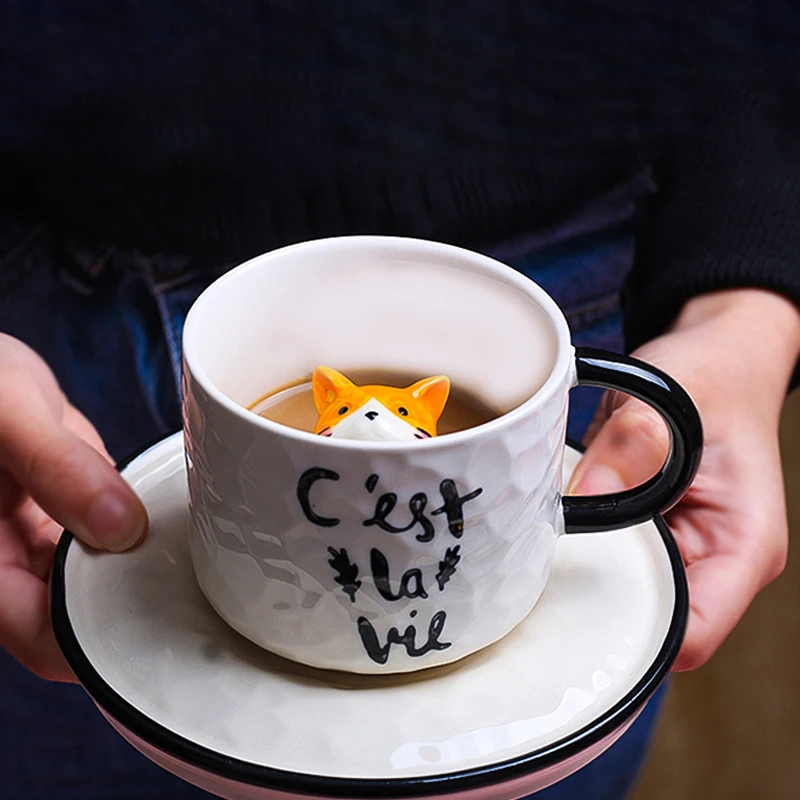 

Ceramic Coffee Cup Embossed Cute Animal Cat With Tray Office Milk Breakfast Tea Water Cup Kitchen Tableware Drinking Utensils