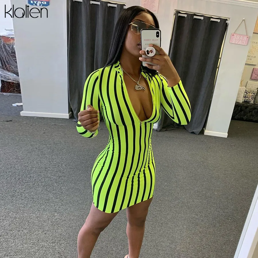 KLALIEN spring fall long sleeve turtleneck zipper fashion casual dress women high street striped mini bodycon dress 2020 new
