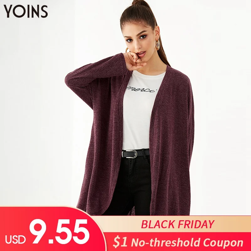 

YOINS 2019 Autumn Winter Women Coats Burgundy Side Pockets Long Sleeves Knit Cardigan Female Basic Long Coat Casual Work Style