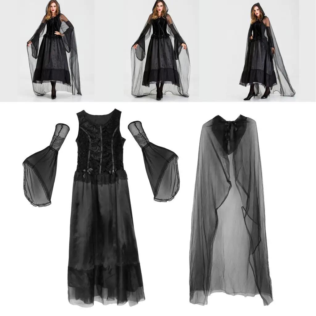 Black Veil Hooded Cloak Maxi Cape Long Dress Womens Costume Grim Reaper Party Halloween Cosplay Black Veil Hooded Cloak Maxi Cape Long Dress Womens Costume Grim Reaper Party Halloween Cosplay