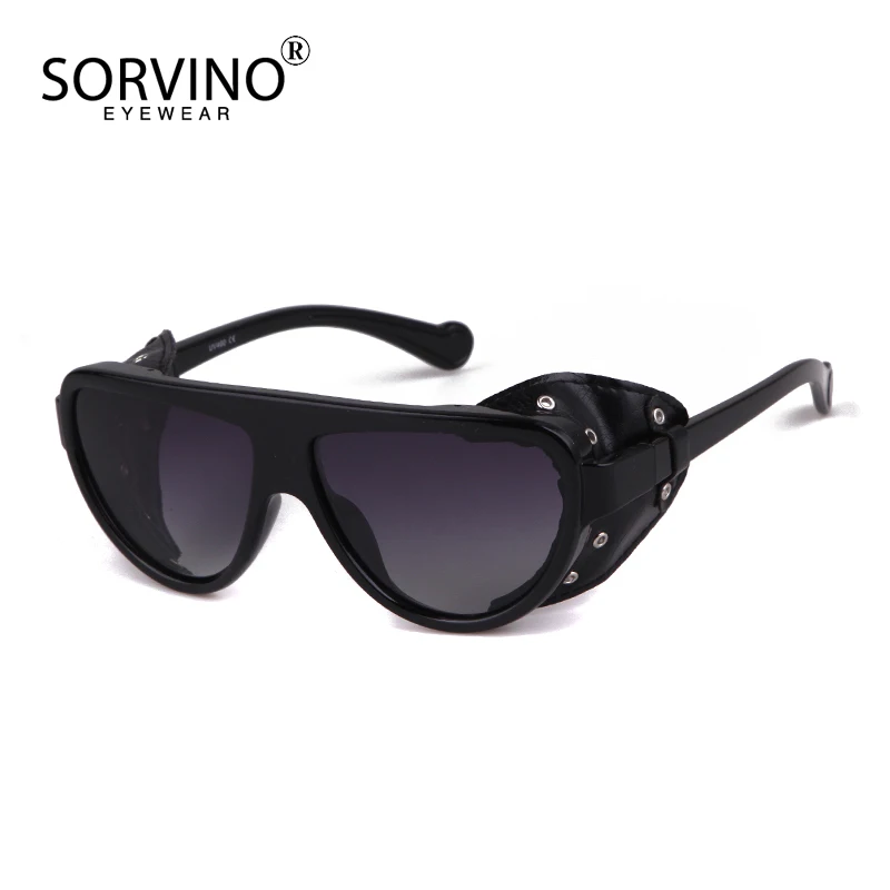 

SORVINO Vintage PU Leather Side Shades Round Sun Glasses Luxury Brand Steampunk Gothic Goggles Polarized Sunglasses for Men