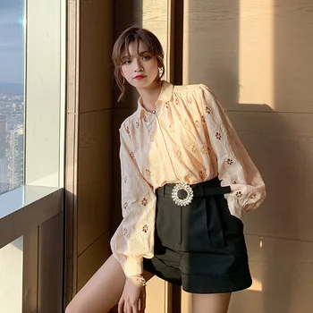 Luxury Designer Belt Diamond High Waist Black Shorts Sexy Hollow Out Lantern Sleeve Elegant Blouse Two Piece Set Women Autumn 
Luxury Designer Belt Diamond High Waist Black Shorts Sexy Hollow Out Lantern Sleeve Elegant Blouse Two Piece Set Women Autumn