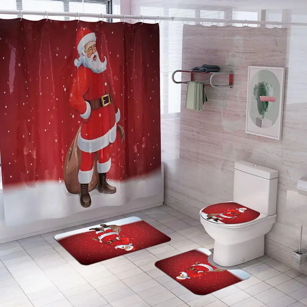 

4Pcs Merry Christmas Anti Slip Bathroom Rugs Set Waterproof Shower Curtain Pedestal Rug Lid Toilet Cover Bath Mat Home Decor HH4