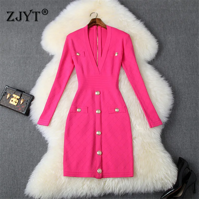 Fashion Runway Designer Autumn Winter Dress Women Elegant V Neck Long Sleeve Solid Buttons Sheath Bodycon Knit Sweater Dresses
Fashion Runway Designer Autumn Winter Dress Women Elegant V Neck Long Sleeve Solid Buttons Sheath Bodycon Knit Sweater Dresses