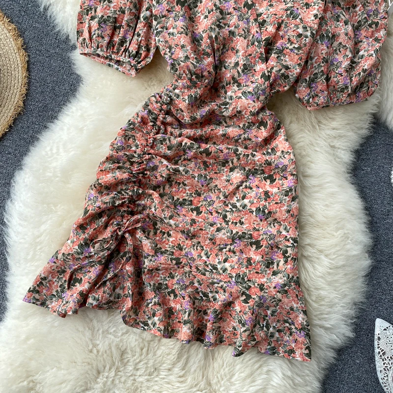 SINGRAIN 2020 Summer Floral dress Women puff sleeves flower print sundress Drawstring ruffles chiffon dress purple korean dress
