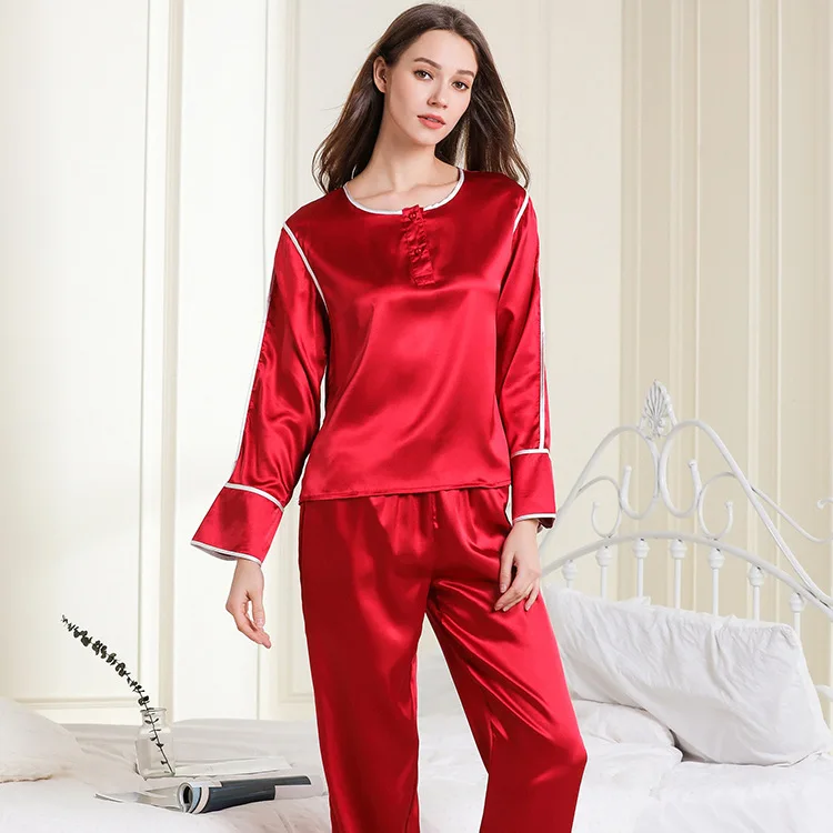 Women's Imitated Silk Pajamas Long Sleeve Trousers Set Button Silk Elastic Lace-up Waist of Trousers Home Wear-Outer Wear
Women's Imitated Silk Pajamas Long Sleeve Trousers Set Button Silk Elastic Lace-up Waist of Trousers Home Wear-Outer Wear