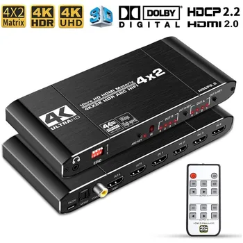 4x2 HDMI 2.0 Matrix Switch Splitter 4K@60Hz 4:4:4 Switcher 4 in 2 Out with IR Remote Controller Support ARC HDCP 2.2
4x2 HDMI 2.0 Matrix Switch Splitter 4K@60Hz 4:4:4 Switcher 4 in 2 Out with IR Remote Controller Support ARC HDCP 2.2