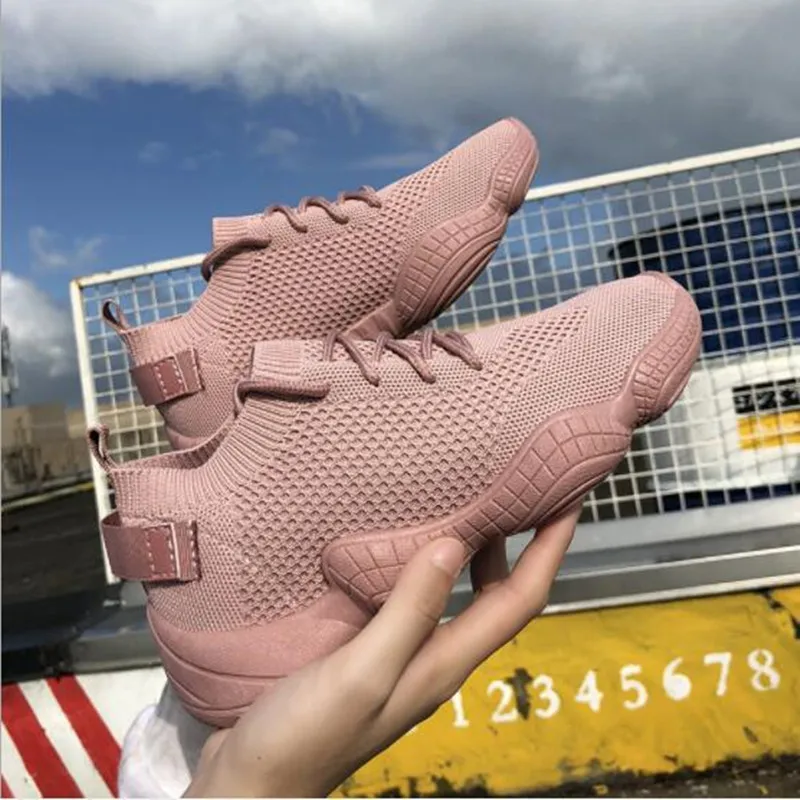 

Vieruodis Women's Shoes Casual Fashion Sneaker Flat Platform Flyknit Stretch Fabric Ladies Shoes 2019 New Mesh Lace-up High Qual