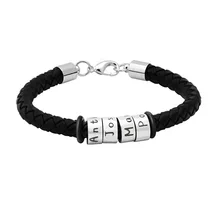 Pulsera de hombre personalizada grabado nombres de familia pulsera de cuerda trenzada brazaletes de cuentas de acero para papá novio(China)
