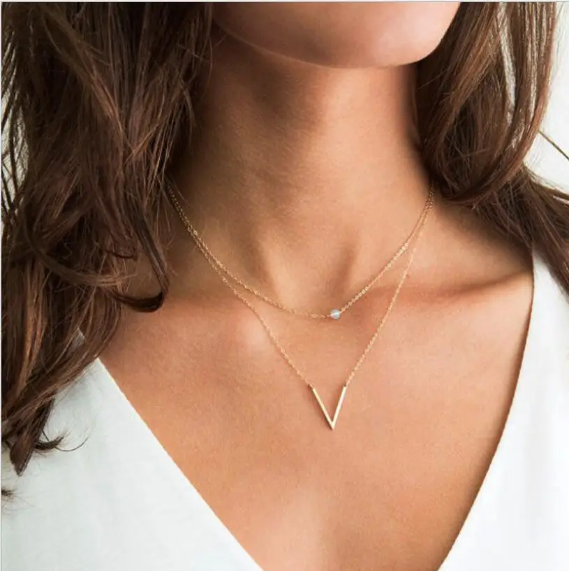 

Fashion Double Layer Women Necklace Jewelry Gold V Bead Choker Necklace Pendant On Neck Clavicle Chain S2143