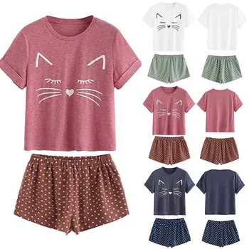 Women's Casual Cat Shorts Short Sleeve Ruffled T-Shirt Sleepwear Nightwear Set Striped Shorts PJ Round Neck Short Sleeve Set 
Women's Casual Cat Shorts Short Sleeve Ruffled T-Shirt Sleepwear Nightwear Set Striped Shorts PJ Round Neck Short Sleeve Set