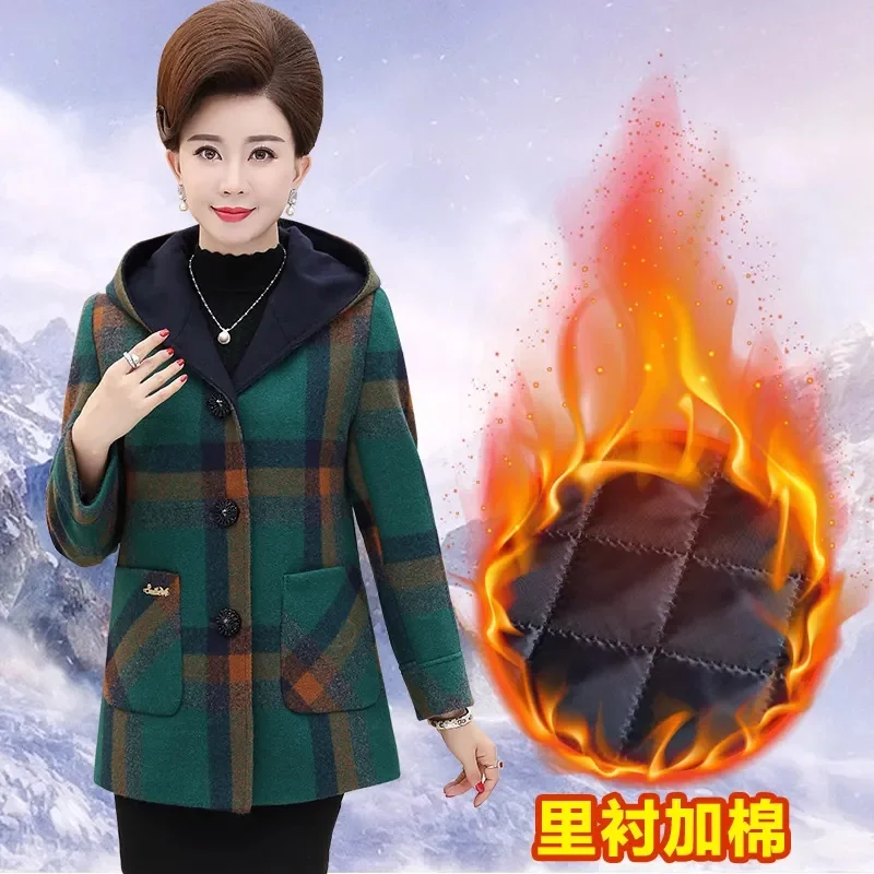 

Cotton Thick Warm Middle-aged Mothers Wear Winter Woolen Coat 2023 Mid-length Middle-aged Elderly Female Splicing Plaid top A723