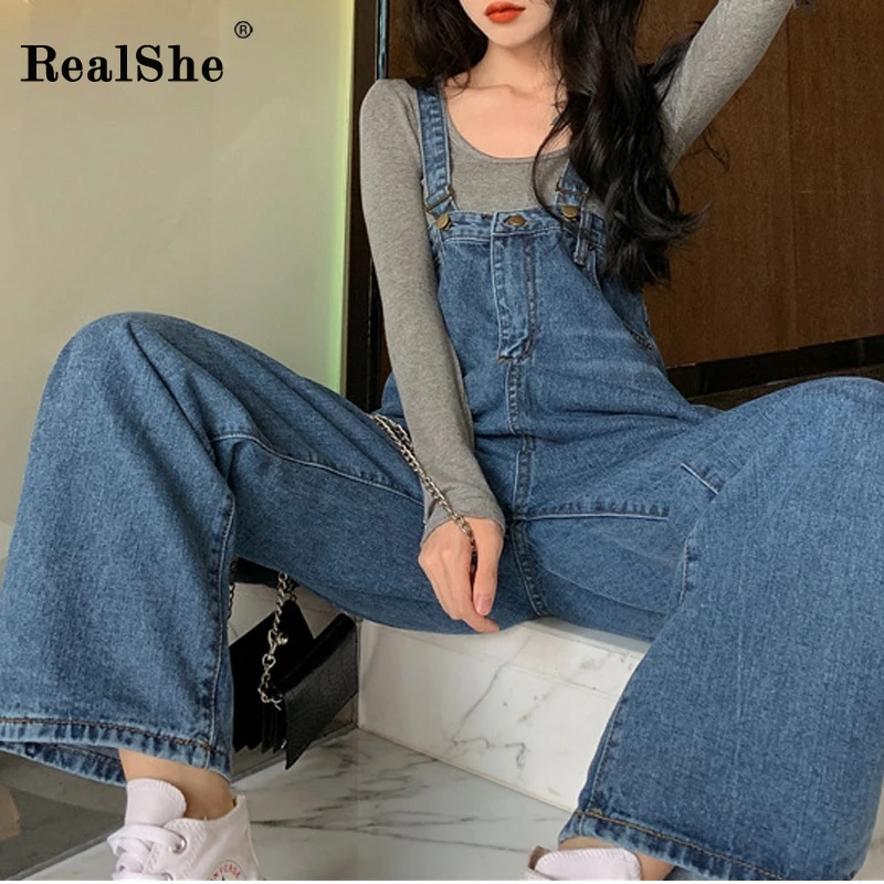 

RealShe Bib Pants Buttons Blue Pockets Solid Women Jeans Trousers Spring Autumn Streetwear Casual Pants Women Deans Femme