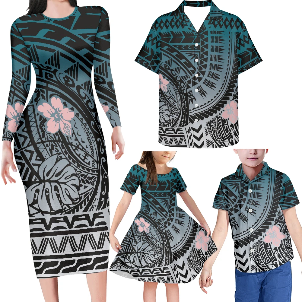 

HYCOOL Best Dad Gift Plus Size Hawaiian Shirt Mommy And Me Long Sleeve Dress Polynesian Tribal 4pcs Photoshoot Family Shirt Set