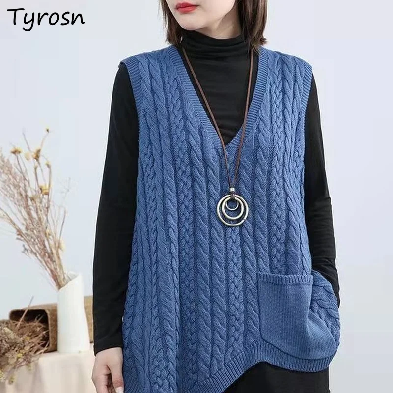 

Women Sweater Vests Solid V-neck Twist Knitting Elegant Lady Temperament Simple Loose Leisure Stylish Jumpers All-match S-4XL