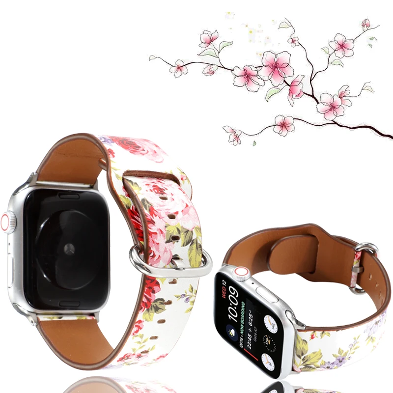 Фото Женский браслет ремешок для apple watch 42 мм 44 38 40 цветочный кожаный - купить