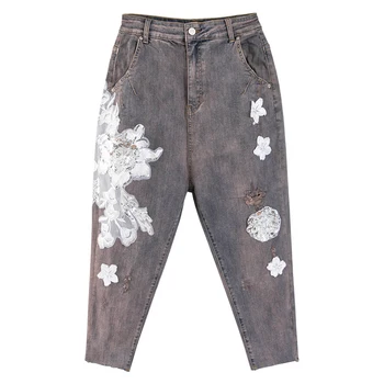Fall Spring Vintage Women High Waisted Stretch Sequined Lace Harem Denim Trousers , Glitters Ripped Hole Jeans Pants for Woman 
Fall Spring Vintage Women High Waisted Stretch Sequined Lace Harem Denim Trousers , Glitters Ripped Hole Jeans Pants for Woman