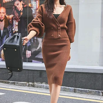 HAMALIEL Two Piece Set Fashion Autumn Winter Sexy V Neck Lantern Sleeve Knitted Sweater Coat + Elegant Bodycon Pencil Skirt Set 
HAMALIEL Two Piece Set Fashion Autumn Winter Sexy V Neck Lantern Sleeve Knitted Sweater Coat + Elegant Bodycon Pencil Skirt Set