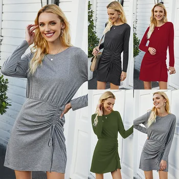 2020 Autumn and Winter New Style Europe and America WOMEN'S Dress EBay Amazon Wish Hot Sales Hot Selling Pleated Long-sleeved Dr