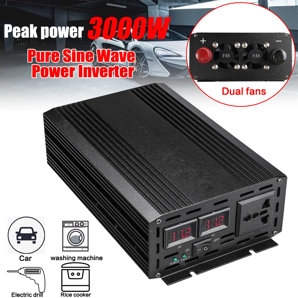 New Solar Inverter 3000W(Peak 6000W) DC 12V to AC 110VInverter Voltage Transformer Converter LED for Car Home
New Solar Inverter 3000W(Peak 6000W) DC 12V to AC 110VInverter Voltage Transformer Converter LED for Car Home