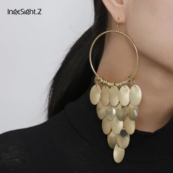 IngeSight.Z Punk Exaggerated Big Round Circle Drop Dangle Earrings Statement Layered Sequins Hanging Earrings for Women Jewelry