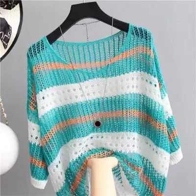 2020 fresh and versatile hollow out color contrast stripe ice silk knitted Quarter Sleeve Top Women's fashion sweater
2020 fresh and versatile hollow out color contrast stripe ice silk knitted Quarter Sleeve Top Women's fashion sweater