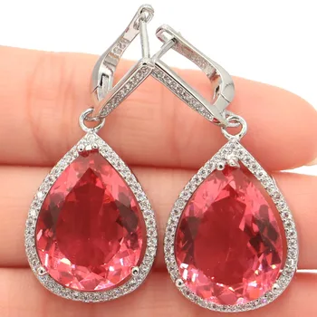 

43x19mm 2019 New Designed Drop Created 20x15mm Pink Tourmaline White CZ Silver Earrings
