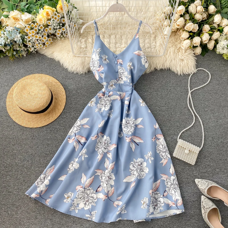 

Boho V Neck 2021 Floral Print Slim Sexy Spaghetti Strap Midi Long Summer Casual Party Women A-Line Beach Holiday Dress