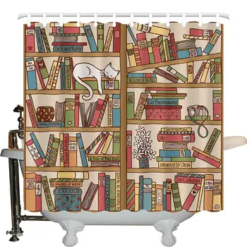 Cat Lover Decor Shower Curtain Set, Nerd Book Lover Kitty Sleeping Over Bookshelf in Library Academics Feline Cosy Boho Design,
Cat Lover Decor Shower Curtain Set, Nerd Book Lover Kitty Sleeping Over Bookshelf in Library Academics Feline Cosy Boho Design,