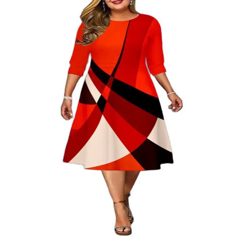 

Summer new ladies plus size casual dress 8XL 7XL 6XL fashion round neck digital positioning printing cropped sleeve dress.