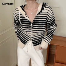 

Karrram Vintage Stripe Hoodes Cardigans Double Zipper Women Chic Knitwear Autumn Ladies Cashmere Jacket Elegant Sweater Korean