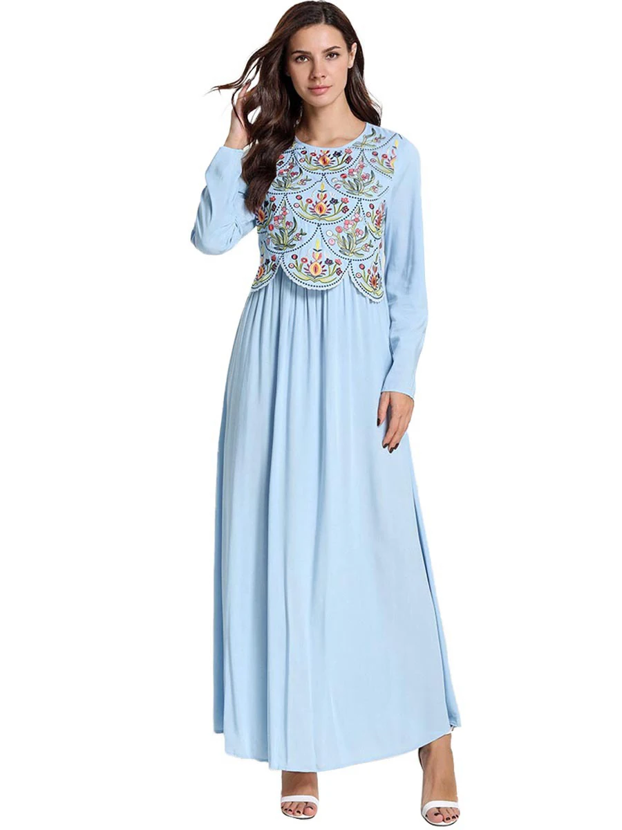 Фото Турецкое мусульманское платье абайя женское с цветочной вышивкой макси хиджаб