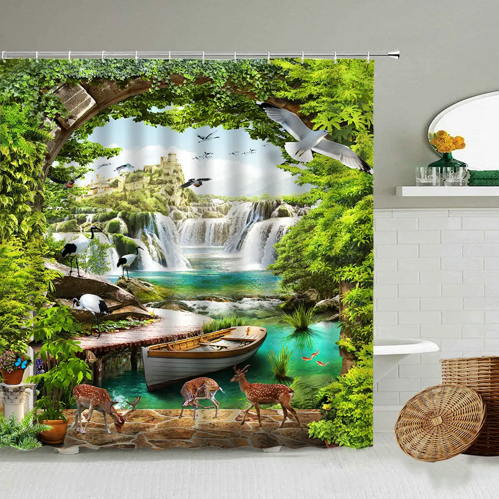 

Forest Waterfall Creek Landscape Shower Curtain Spring Green Plant Flower Deer Bathroom Accessories Waterproof Hanging Screen