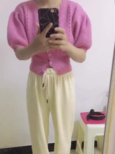 Suéter de punto informal para mujer, cárdigan de flores de ganchillo calado, manga abombada, cuello de pico elegante, Tops cortos de punto finos 2021