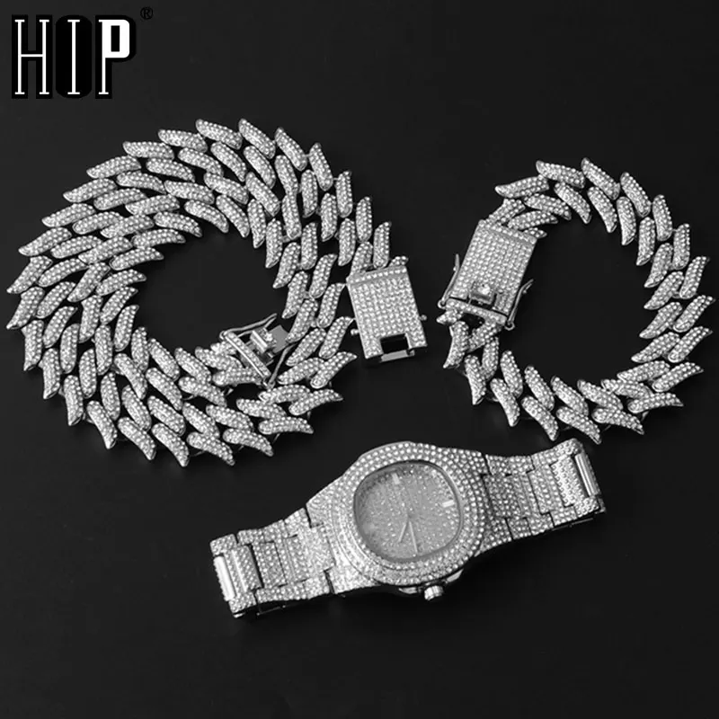 Hip Hop 19MM 3PCS KIT Watch+Necklace+Bracelet Bling AAA+ Iced Out Alloy Rhinestones Thorns Cuban Link Chains For Men Jewelry
Hip Hop 19MM 3PCS KIT Watch+Necklace+Bracelet Bling AAA+ Iced Out Alloy Rhinestones Thorns Cuban Link Chains For Men Jewelry