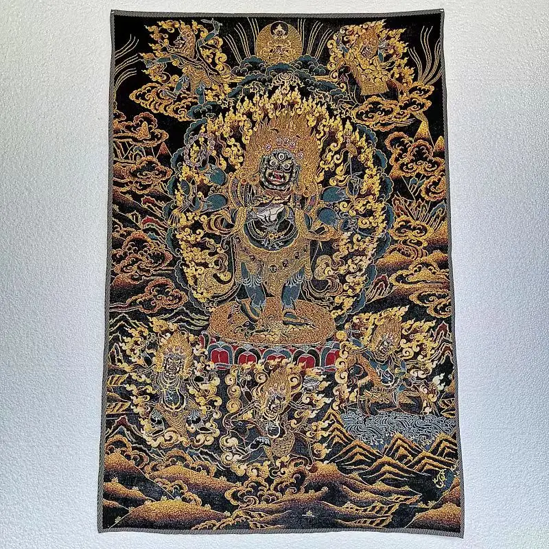 Gold Silk Embroidery Figure Painting, Six Arm Mahogany Brocade Fabric Painting, Big Black Sky Dharma Protector Statue, Exqu
Gold Silk Embroidery Figure Painting, Six Arm Mahogany Brocade Fabric Painting, Big Black Sky Dharma Protector Statue, Exqu