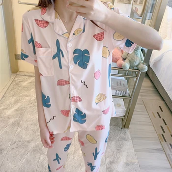 Women Pajamas Set Spring Autumn Thin Cartoon Printed Short Sleeve V Neck Cute Sleepwear Casual Homewear Female Pyjamas 
Women Pajamas Set Spring Autumn Thin Cartoon Printed Short Sleeve V Neck Cute Sleepwear Casual Homewear Female Pyjamas